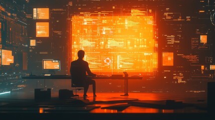 Hacker faces a formidable cyber security system with a firewall and artificial intelligence, defending against unauthorized login attempts and ensuring password protection on the computer screen
