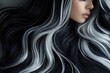© Poter - Beautiful woman with long flowing hair showcasing stunning black and silver highlights against a dark backdrop. Generative AI