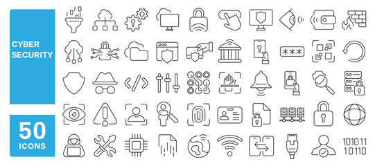 Set of 50 line icons related to cyber security, safety, website, data, protection, network, code, defense, encryption, Editable stroke. Vector illustration