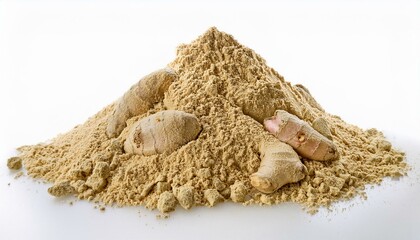 Wall Mural - A mound of ginger powder with fresh ginger roots.