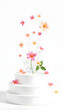 © Go - Podium with water and flying flowers on the white background. Mock up for product, cosmetic presentation. Summer or spring mood, blossom. Pedestal, platform for beauty products. 3D rendering, craft