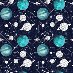 Wall Mural - Seamless space pattern design, cosmic colors, planets and stars illustration, modern background, copy space