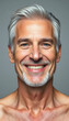 © Go - Beautiful caucasian man with smooth healthy face skin. Gorgeous aging mature man with gray hair and happy smiling. Beauty and cosmetics skincare advertising concept, flat design, with white tones