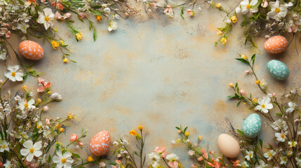 Poster - Festive easter eggs and colorful spring flowers arranged on a textured background, creating a beautiful frame with copy space