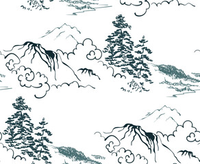 Wall Mural - tree clouds mountains bay sea landscape nature japanese chinese vector design seamless pattern