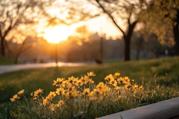 Wall Mural - Beautiful sunset illuminates blooming flowers in a tranquil park setting