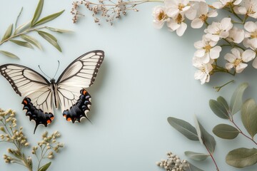 Wall Mural - Beautiful butterfly resting among assorted flowers and foliage on a light background in a bright, natural setting