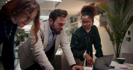 Poster - Group of people, business and collaboration with laptop, bookkeeping and working together in company. Teamwork, technology and problem solving for investment, finance and corporate in office at night
