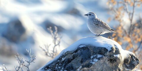 Wall Mural - Small Bird on Snowy Rock