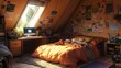 © ImageKing - Girl bedroom interior on attic. Vector cartoon mansard teenager room with unmade bed, workspace for study with desk and computer, books and pictures on wall