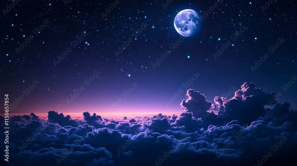 Night blue and purple gradient starry sky with full moon and fluffy ...