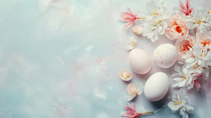 Poster - Beautiful flat lay composition with copy space featuring easter eggs, spring flowers, and pastel textured surface in light blue and pink
