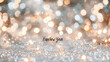 © Nati - The words 'Happy New Year' in bold, modern black font with golden accents, placed against a blurred background of shimmering silver and white lights, creating a festive and chic vi