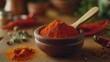 © Plaifah - Vibrant Red Spice in Wooden Bowl with Spoon and Dried Peppers