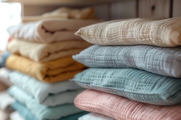 Wall Mural - Soft cotton pillows stacked neatly in a cozy home decor shop showcasing pastel colors and textures for interior design. Generative AI