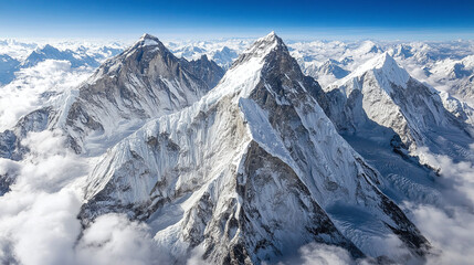 Aerial view of snow covered mountains in winter, showcasing majestic peaks and rocky range, beautiful and scenic landscape with a panoramic view, bright and cold environment, perfect for travel.