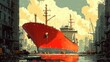 © M_H_L - A large red ship docked in an industrial setting with cranes and buildings.