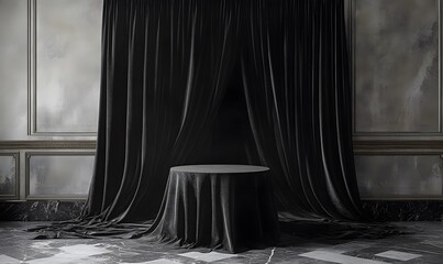 Wall Mural - A dark, velvet drape behind a simple, elegant table, creating a luxurious