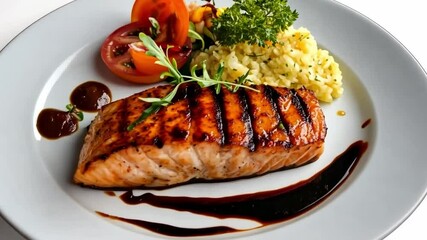 Wall Mural - A beautifully presented salmon fillet with grill marks. Accompanied by fresh tomatoes and creamy sides. Ideal for food lovers and home cooking. Generative AI