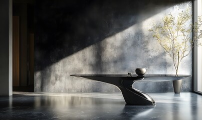 Wall Mural - A dark wall with a reflective, glass table, adding a sleek and sophisticated touch