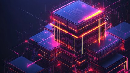 Wall Mural - abstract isometric data blocks with luminous lines.