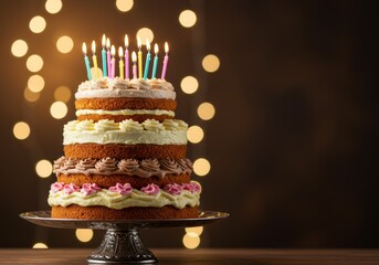 Wall Mural - A birthday cake with candles on top and blurred lights background

