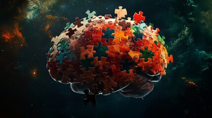 Poster - Colorful Puzzle Pieces Form a Creative Brain in Cosmic Background