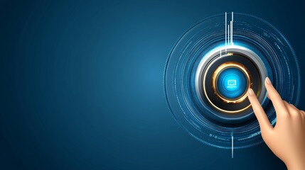 In a futuristic landscape, a hand touches a digital HUD interface, overlaying a virtual computer screen with UI elements and a cyber communication hologram. This scene embodies innovation and the