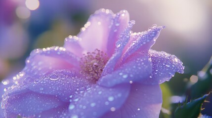 Aufkleber - Delicate Pink Rose Bloom with Water Droplets in Soft Morning Light