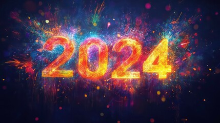 Poster - Fiery 2024 number in colorful explosion.