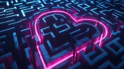 Glowing pink heart-shaped maze within a larger, complex maze.