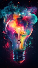 Wall Mural - Glowing lightbulb with rainbow explosion and abstract energy waves