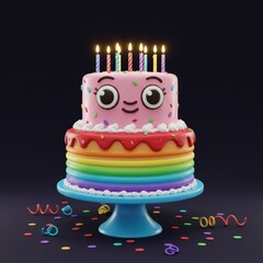 Wall Mural - A 3D rendering of a birthday cake with detailed decorations and a festive design on a clean background

