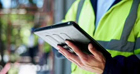 Poster - Hands, engineering and person with tablet, architecture and planning with project management. Closeup, worker or employee with tech, inspection and contractor with network, digital app or development