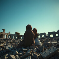 Two Arab Muslim girls in the rubble of a war