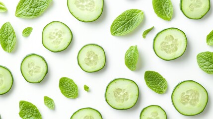 Poster - a white surface with cucumber slices and mint leaves