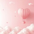 © Kristian - Romantic hot air balloon in heart shape with flying hearts and clouds on pink gradient.