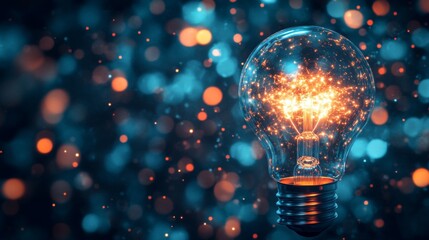 Aufkleber - Bright Light Bulb with Sparkling Bokeh Background and Warm Glow