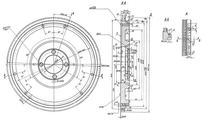 Wall Mural - flywheel assembly drawing. engineering mechanical industrial cad scheme on white paper sheet. techno