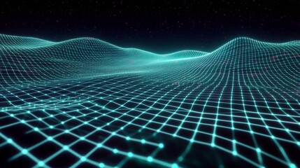 Poster - Abstract Digital Landscape with Grid and Waves in Neon Colors