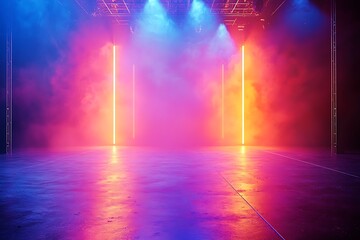 Wall Mural - neon-lit empty stage with abstract lighting effects for a dramatic presentation backdrop