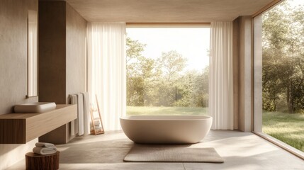 Poster - Serene Modern Bathroom with Natural Light and Garden View