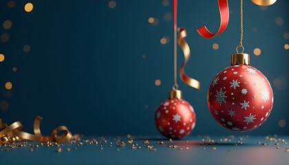 Wall Mural - Merry Christmas and Happy New Year banner. Realistic 3d design Elegant Christmas glass ornaments hanging on ribbon, golden confetti on dark blue background. Xmas two bauble balls. Vector illustration