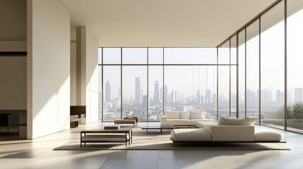 Poster - Modern open living room with panoramic city view and natural light