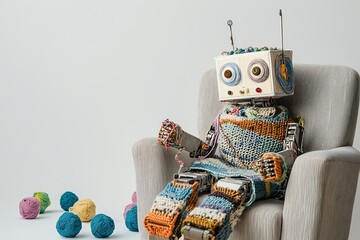 Creative robot figure made of yarn, sitting comfortably in an armchair, with colorful yarn balls scattered around.