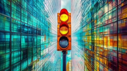 Fototapete - Vibrant Traffic Light Stands Tall Amidst Modern Urban Architecture
