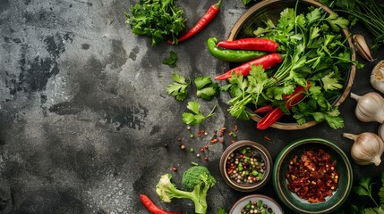 Wall Mural - Fresh vegetables and herbs with chili peppers