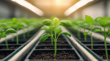 Wall Mural - A close-up view of young plants growing in trays, illuminated by warm sunlight, showcasing the beauty of new life in a greenhouse setting.