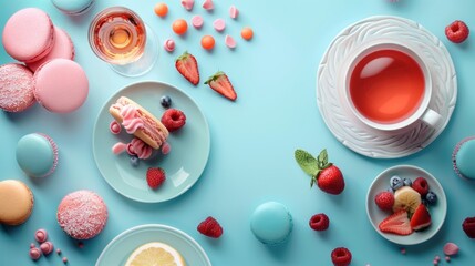 Wall Mural - French macarons and tea on a pastel table