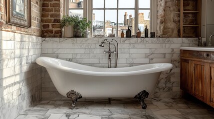 Wall Mural - Contemporary bathroom design with freestanding tub and wooden accents creating a serene atmosphere